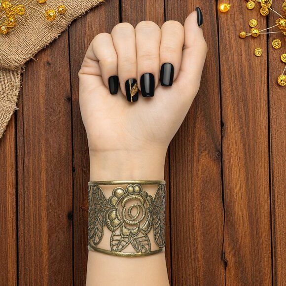 🆕️Vintage Style Trendy Boho Chic Floral Wide Cuff Bracelet Antique Gold Finish - Picture 1 of 14